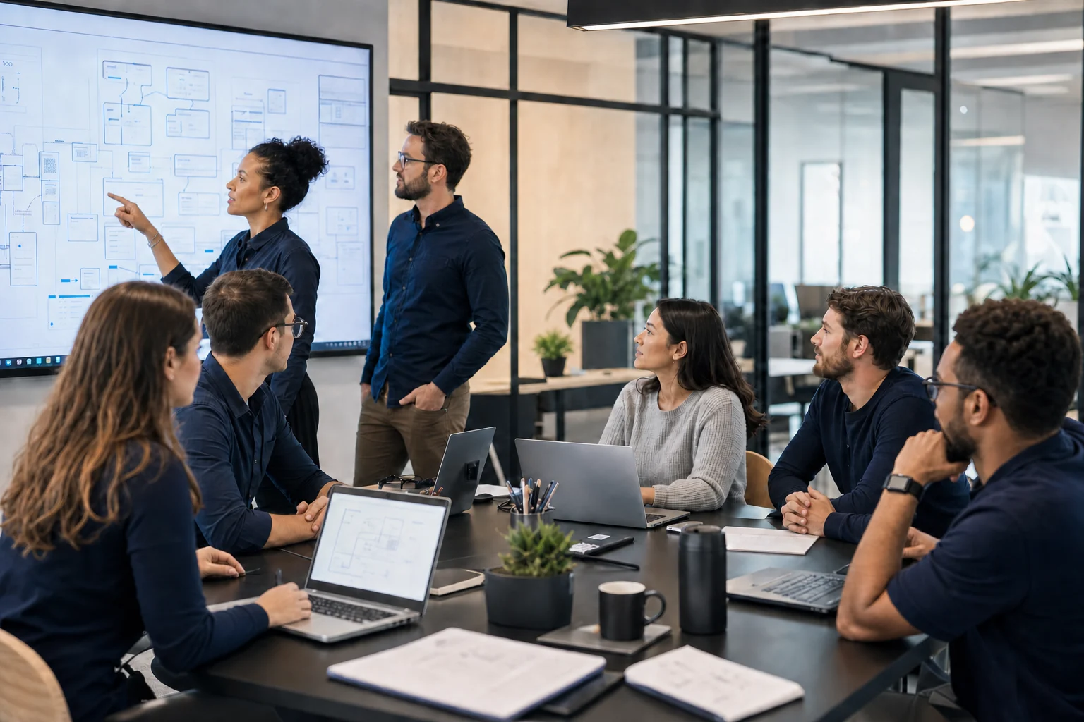 Engineering team collaborating in a modern workspace